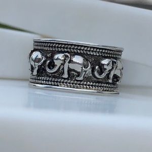 Boho Chunky Silver Tone Elephant Wide Band Ring 8